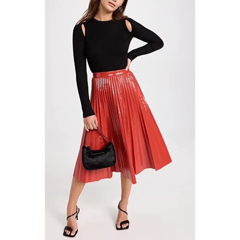 Proenza Schouler White Label Red Faux Patent Leather Pleated Midi Skirt SZ 6